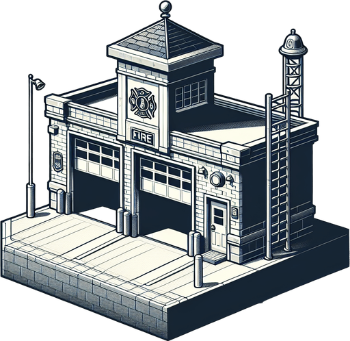 firestation.
Single Game Texture.  In-Game asset.  2d.  Blank background.  High contrast.  No shadows
