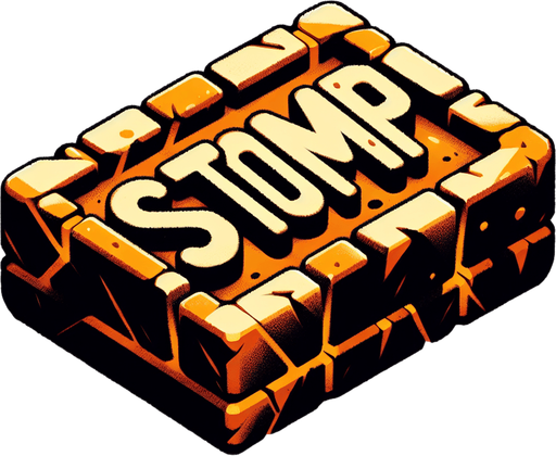 a forward facing brick with the writing "Stomp" Single Game Texture. In-Game asset. 2d. Blank background. High contrast. No shadows.