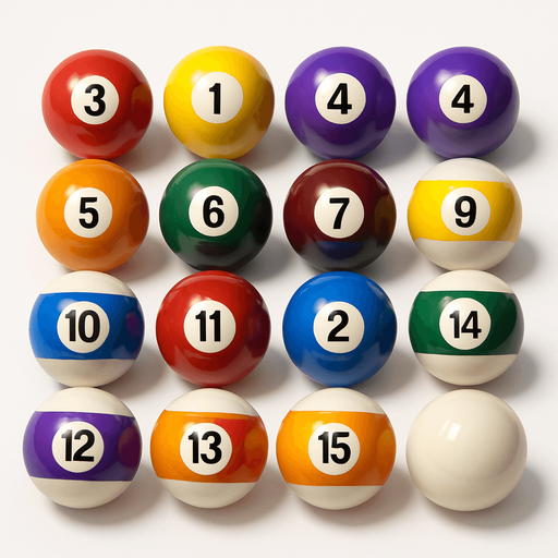 16 ball of billiard, 3D colors, 3d texture, HD colors.
In-Game asset.  High contrast.  No shadows. 3D