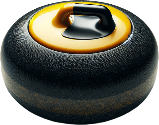 Black curlingstone with yellow top, top view.