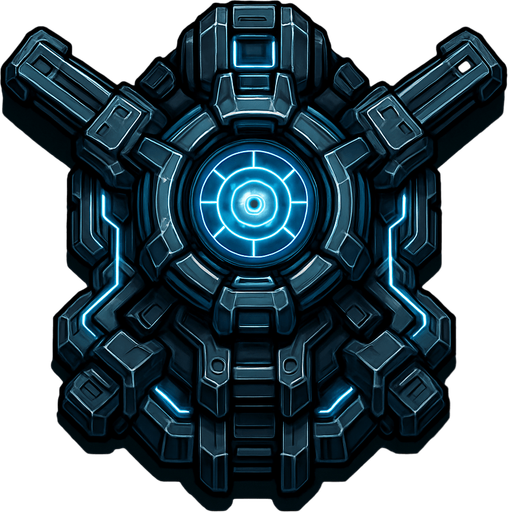 top-down view, futuristic digital defense turret, heavy energy core, metallic cyberpunk style, blue glowing lines, anti-virus cannon.
In-Game asset.  2d.  High contrast.  No shadows