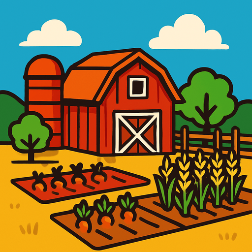 A farm.
In-Game asset.  2d.  High contrast.  No shadows