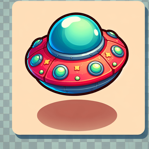flying saucer, cartoon style.
Single Game Texture. In-Game asset. 2d. Blank background. High contrast. No shadows.