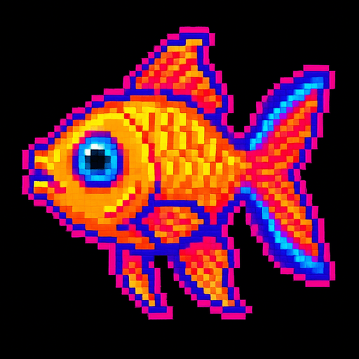 A golden fish. 80s arcade machine graphics..
In-Game asset.  2d.  High contrast.  No shadows