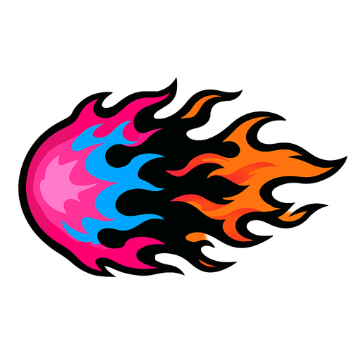 pink blue black and orange mixed horizontal fire ball.
In-Game asset.  2d.  High contrast.  No shadows