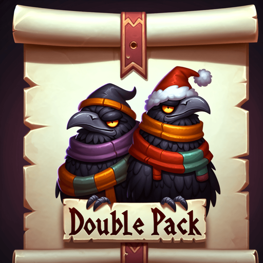 a pergament letter with the name "double pack". It has two evil smiling ravens with christmas hats and colorful scarves. vertical. Single Game Texture. In-Game asset. 2d. Blank background. High contrast. No shadows.