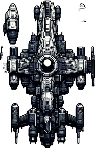 Top view startship.
Single Game Texture. In-Game asset. 2d. Blank background. High contrast. No shadows.