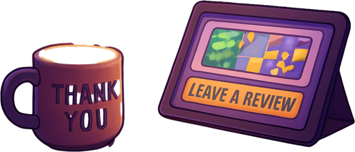 A 2048x2732 vertical background illustration in a semi-realistic comic book style. The scene takes place in another corner of the same urban apartment — this time showing an open space near a shelf filled with music memorabilia, fan-made items, and a pinboard with stickers like “Support Local DJs”, “Upvote Love”, and pixel-style hearts. A tablet on the desk is open to a game page with a “Leave a review” banner. There’s a soft spotlight on a coffee mug with “Thank you” written on it and glowing music notes floating around it. The city lights outside still shine in purples and blues, but this part of the room feels more hopeful and connected. The vibe is warm, welcoming, and subtly celebratory. No characters or text. In-game menu background, consistent with main menu themes..
In-Game asset.  2d.  High contrast.  No shadows