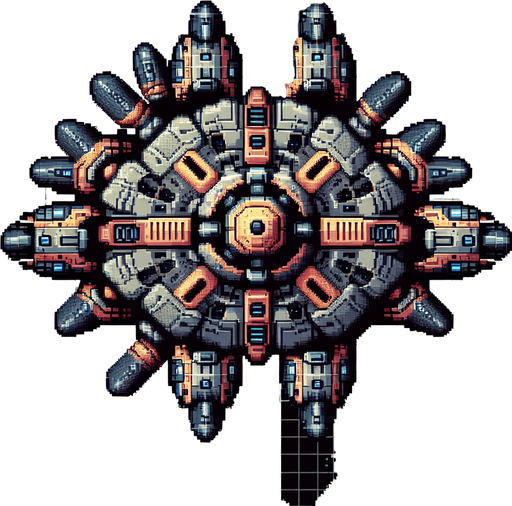 65604d9e9017209915d71b35: Top down shooter, alien space craft enemy craft, retro pixel art 
Single Game Texture. In-Game asset. 2d. Blank background. High contrast. No shadows.