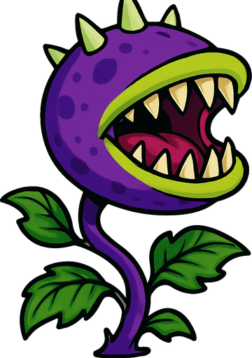 Forma general: La planta tiene un cuerpo principal redondeado, similar a una cabeza, de donde emerge un tallo.

Color: El cuerpo principal es de un vibrante color púrpura, salpicado con algunas manchas más oscuras del mismo tono.

Boca: Posee una boca enorme y abierta que domina gran parte de su "cabeza". El borde de la boca es de un color verde lima brillante.

Dientes: En el interior de la boca, se pueden ver numerosos dientes grandes, afilados y puntiagudos, de color blanco o crema, que sugieren su naturaleza carnívora. La encía visible dentro de la boca es de un tono rosa rojizo.

Cuernos/Espinas: En la parte superior de su cabeza, tiene tres o cuatro protuberancias cónicas y afiladas, de color verde claro o blanquecino, que parecen espinas o cuernos.

Tallo y hojas: Un tallo largo y curvado de color púrpura oscuro se extiende desde la parte inferior de la cabeza. Varias hojas verdes, con una forma ondulada o dentada, brotan del tallo, tanto cerca de la cabeza como en la base..
In-Game asset.  2d.  High contrast.  No shadows