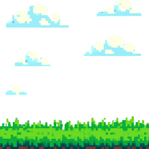 Create a pixel art background image for a 2D mobile game in portrait orientation.

The scene should feature a bright blue sky with some pixelated white clouds, and a grassy green field at the bottom.

Use a colorful, retro pixel art style (16-bit style), keeping the image light and cheerful.

The background should not include any characters or objects, only environment elements.

Leave space in the middle of the screen for gameplay elements (like the grid of boxes).

Make sure the image loops or tiles well if needed..
In-Game asset.  2d.  High contrast.  No shadows