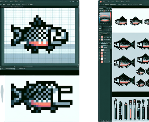 8-bit profile of fish for arcade game.
Single Game Texture. In-Game asset. 2d. Blank background. High contrast. No shadows.