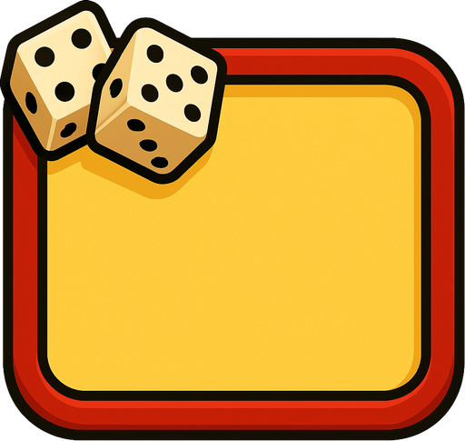 Casino tarzında yatay dikdörtgen (köşeleri yumuşatılmış, edge). İçi sarı, dışında kırmızı şerit var. Sol üst köşesinde bir çift zar var. Yazısız..
In-Game asset.  2d.  High contrast.  No shadows. Casino