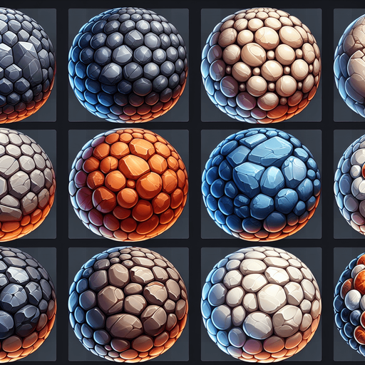 Different colors of stones, spheres in all 8 images, not text or pixels colors, mixed theme..
Single Game Texture. In-Game asset. 2d. Blank background. High contrast. No shadows.