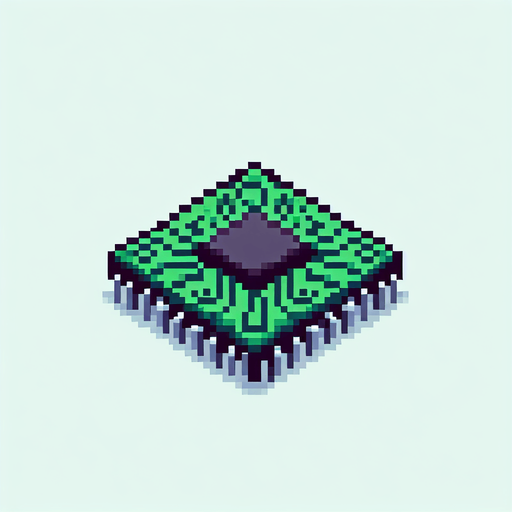 Green microchip pixelart
Single Game Texture. In-Game asset. 2d. Blank background. High contrast. No shadows.