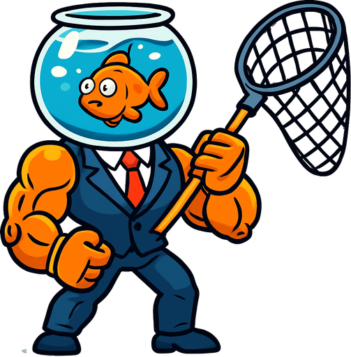 "A funny 2D game character concept art. A glass fishbowl filled with water serving as the head. Inside the bowl, a small confused orange goldfish is swimming. The body is an extremely muscular mechanical robot body wearing a tight formal business suit. The character is holding a giant fish landing net as a weapon. Cartoon style, absurd, vibrant colors, clean vector lines.".
In-Game asset.  2d.  High contrast.  No shadows