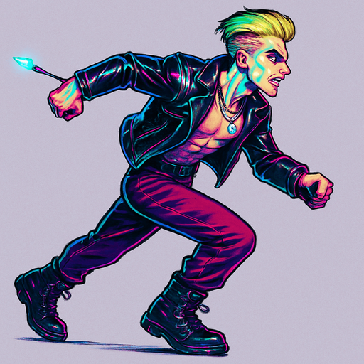 Cyberpunk American manga anime, side profile view running animation frames, shiny black leather biker jacket longsleeves shirtless thin abs pecs necklaces gemstone tipped wand, action shot fierce fashion pose animation blonde undercut pompadour, vampire fangs, wine red joggers, combat boots, Background removed, "Full-body character, entirely in frame, no cropping of face, head, or feet" "Complete character visible, from head to toe, fully centered in the image" "Entire character, including face and boots, fully within the frame" Character fully contained within a square frame, no edges cut off,