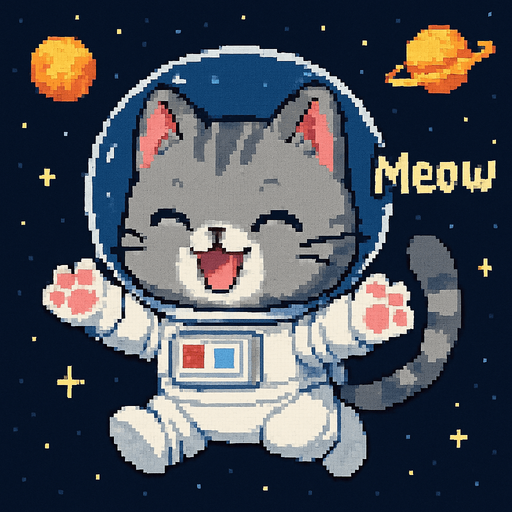 A cute gray kitten, drawn in an adorable chibi anime style and wearing an astronaut suit, floats in outer space with its little paws outstretched as if reaching out for a hug. It meows sweetly, and the entire scene is illustrated in charming Pixel Art style.