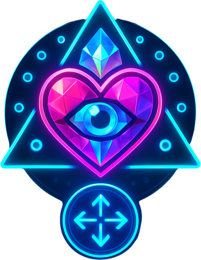 Neon cyberpunk mobile game button magic gemstone crystal sigil eyeball heart triangle topdown flat 3d 2d hologram futuristic glowing occult chic