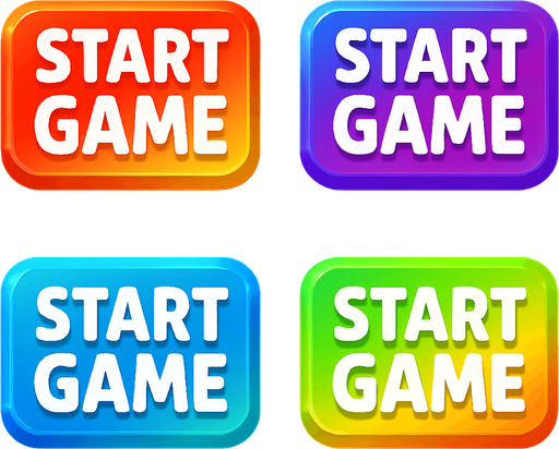 "start game" buttons. rainbow colors in each button. HD colors. 
In-Game asset.  High contrast.  No shadows. 3D