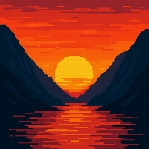 Sunset between the mountains ( natural) piksel art.
In-Game asset.  2d.  High contrast.  No shadows
