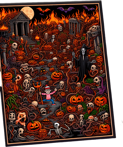 Generate a high quality cartoon background Halloween image on a black canvas similar to the format of where is waldo with a hellish environment.
Single Game Texture. In-Game asset. 2d. Blank background. High contrast. No shadows.