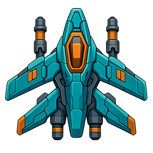 A spaceship with weapons and four wings.
Single Game Texture.  In-Game asset.  Blank background.  High contrast.  No shadows