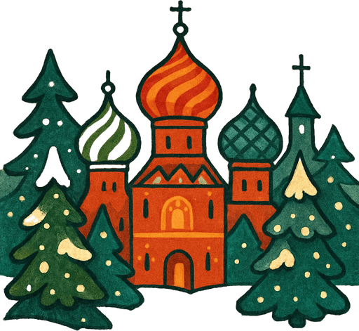 A snowy cartoon scene with colorful onion domes (like Saint Basil’s Cathedral), pine trees, and a festive winter vibe. Use a folk style with warm lighting. Perfect for a balalaika music level..
In-Game asset.  2d.  High contrast.  No shadows