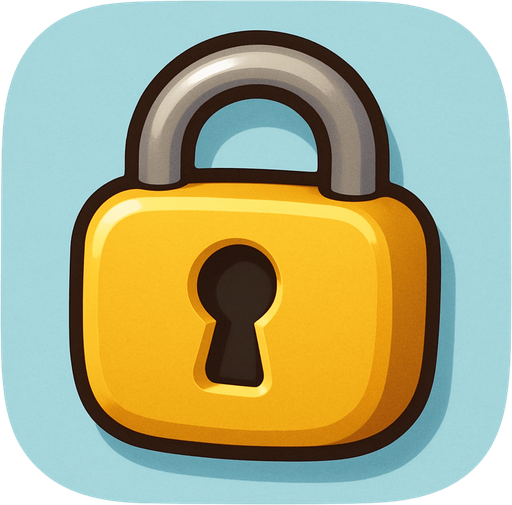 A small, flat 2D padlock icon designed for mobile games. The lock should be cartoon-style with a rounded body, thick outline, and a keyhole in the center. Use soft shadows and a slight 3D effect. The color should be golden yellow or metallic gray, clearly visible when placed over a flag. The icon must have a transparent rounded background and be suitable for overlaying on a world map UI in a kids’ adventure game..
In-Game asset.  2d.  High contrast.  No shadows