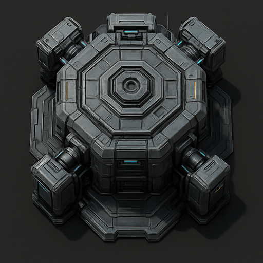 Namlusu olmayan, Teknolojik askeri kule, üstten görünüm, gerçekçi, yazısız.
In-Game asset.  High contrast.  No shadows