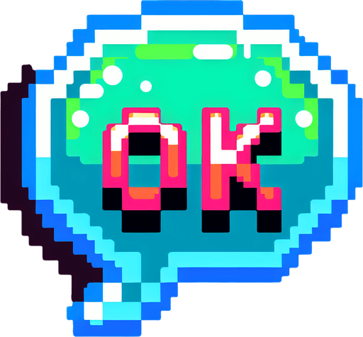 pixel art speech bubble that says "Ok" neon color..
Single Game Texture. In-Game asset. 2d. Blank background. High contrast. No shadows.