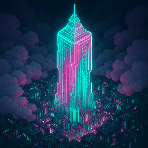 Massive futuristic neon hologram skyscraper top down isometric poking out of clouds from above elaborate cyberpunk architecture glowing pink green projection hologram 3d