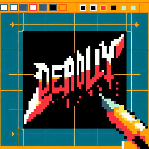 colored text saying (DEADLY). sharp dagger edges around the text. pixelated. 8 bit. retro Single Game Texture. In-Game asset. 2d. Blank background. High contrast. No shadows.