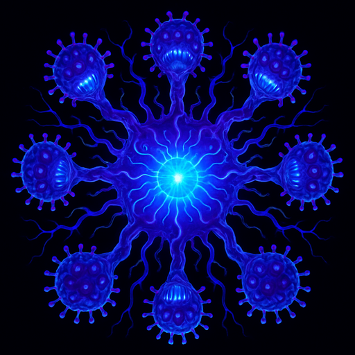 multi-headed virus monster, branching tendrils, glowing core, topdown view, blue and purple neon, organic digital fusion style, symmetrical, circular.
In-Game asset.  2d.  High contrast.  No shadows