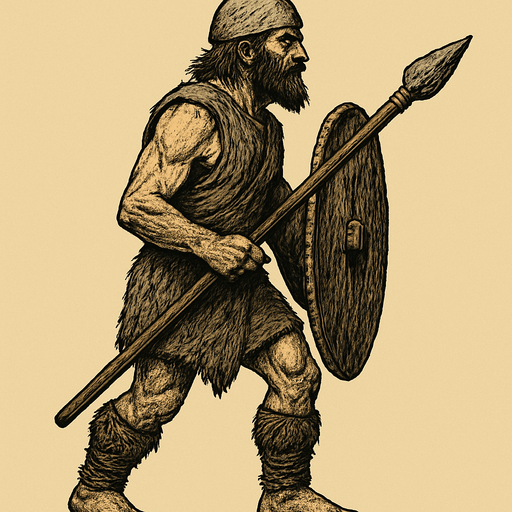 Taş çağında asker, yazısız, gerçekçi, yandan görünüm.
In-Game asset.  High contrast.  No shadows
