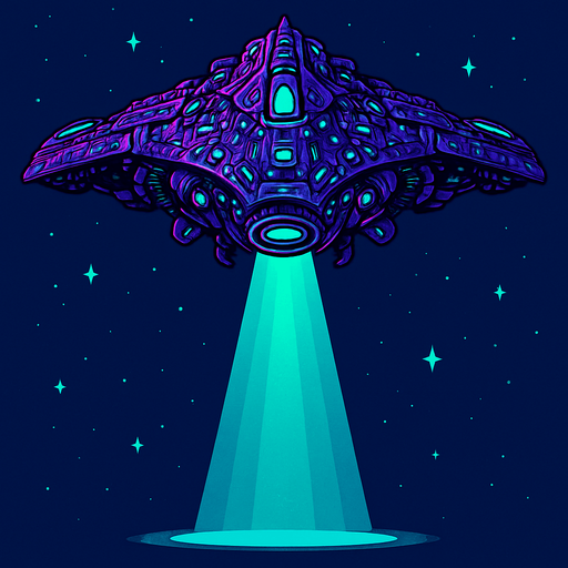 Big detailed alien star cruiser with lights and tractor beam beaming down.
In-Game asset.  2d.  High contrast.  No shadows