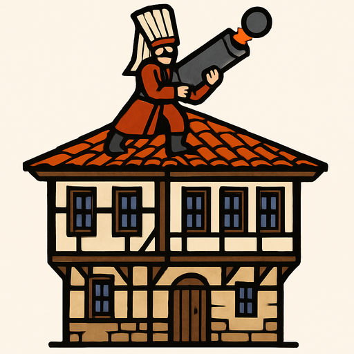 tripleks bir osmanlı evi çiz. Çatısında top mermisi ateşlemek üzere olan bir yeniçeri askeri olsun.
In-Game asset.  2d.  High contrast.  No shadows
