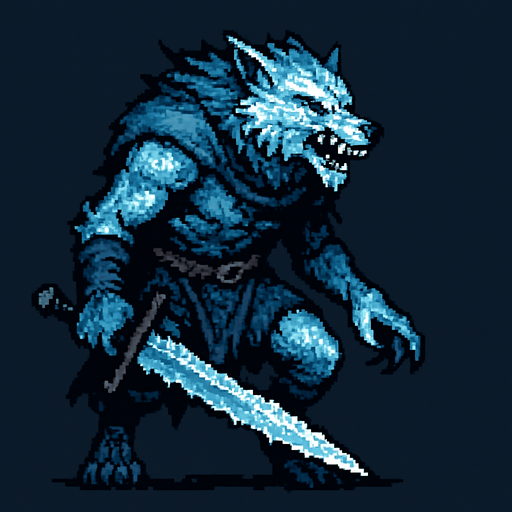 Frost Wolf Man Dark souls style 2d pixel art.
In-Game asset.  2d.  High contrast.  No shadows