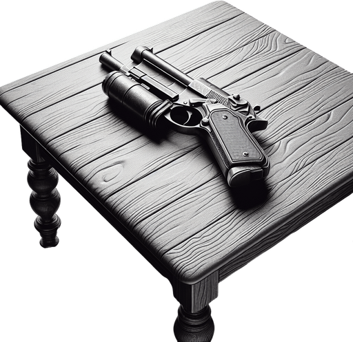 a table with a gun.
In-Game asset. Blank background. High contrast.