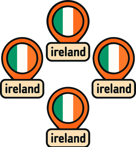 A flat, 2D game UI-style asset showing a vertical set of three country pins labeled: "ireland". Each pin includes a circular flag icon above the text label. The layout is columnar, cartoonish, and visually clean. Each pin should be exportable or usable individually for a mobile game's level selection screen..
In-Game asset.  2d.  High contrast.  No shadows
