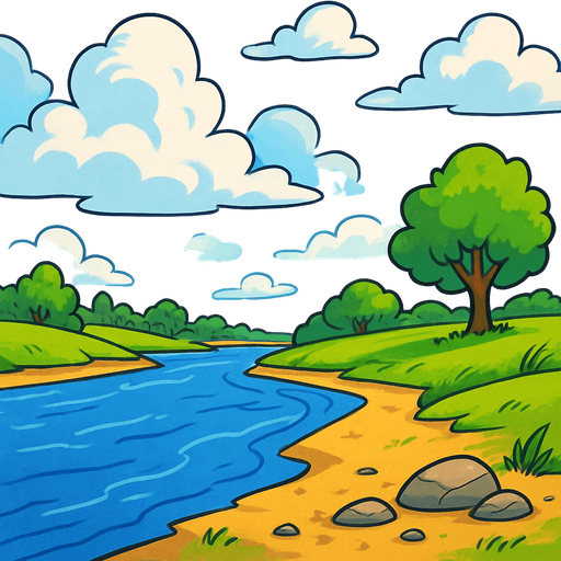 cartoony sky and bank of river
