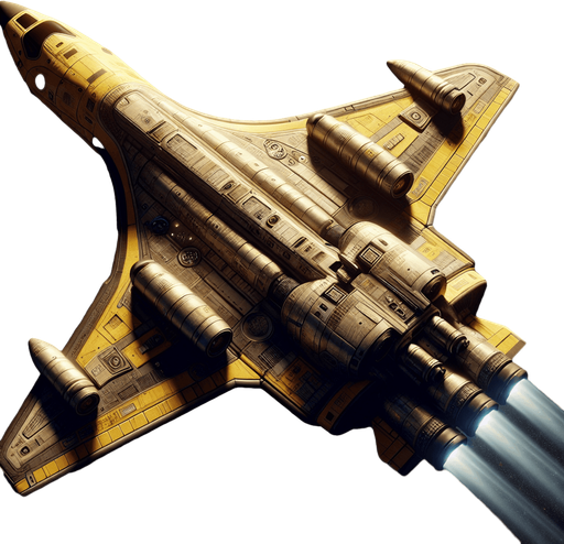 Create a highly detailed image of a space shuttle top view with no angel soaring through deep space. The shuttle should have a sleek, aerodynamic design with visible engines emitting a faint blue glow. It should feature realistic textures, metallic surfaces, and visible symbols. Make the shuttle color Yellowish. Make it straight going forward.
Single Game Texture. In-Game asset. 2d. Blank background. High contrast. No shadows.