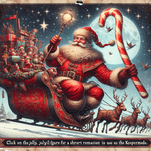 a pergament of a Santa Clause on his sledge with reindeers in the sky. He holds a scepter of candy cane. There is the text: "Click on Santa for a short duration to use the KeeperMode."