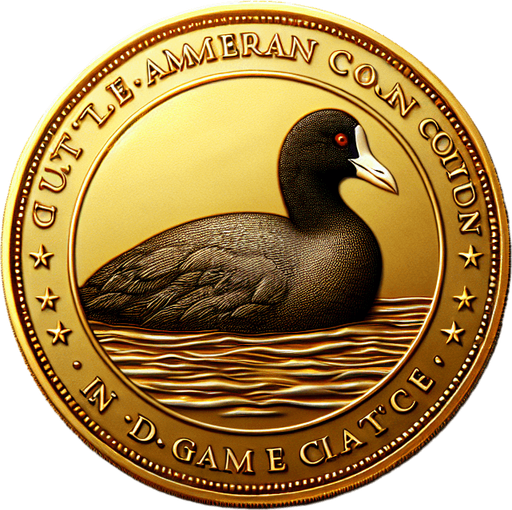 A single golden coin with the head of an American 
Coot on it..
Single Game Texture. In-Game asset. 2d. Blank background. High contrast. No shadows.