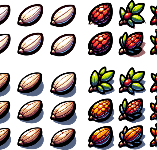 A sprite sheet of seeds. Cartoon..
Single Game Texture. In-Game asset. 2d. Blank background. High contrast. No shadows.