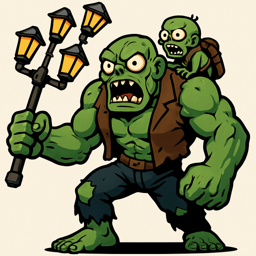 Un zombi gigante y musculoso de piel verdosa. Viste un chaleco marrón roto y pantalones oscuros desgarrados, dejando ver parte de sus piernas. En su mano derecha, blande un poste de luz improvisado con cuatro farolas, usándolo como arma. Sobre su espalda, lleva a un zombi pequeño, sujeto por unas correas. Sus ojos son grandes y saltones, y su boca está abierta mostrando una dentadura irregular, dándole una expresión de furia..
In-Game asset.  2d.  High contrast.  No shadows
