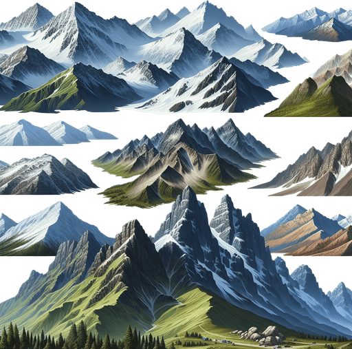 diffrent kinds of mountains.
Single Game Texture.  In-Game asset.  High contrast