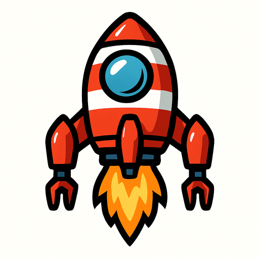 one windowed red and white space ship with 4 legs with flame under it.
In-Game asset.  2d.  High contrast.  No shadows