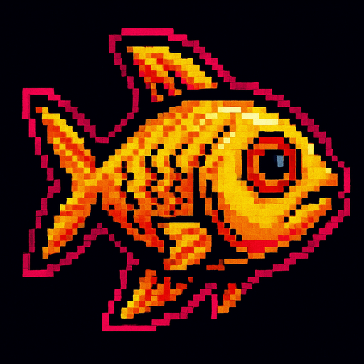 A golden fish. 80s arcade machine graphics..
In-Game asset.  2d.  High contrast.  No shadows