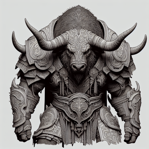 2D armored evil minotaur.
Single Game Texture.  In-Game asset.  2d.  Blank background.  High contrast.  No shadows